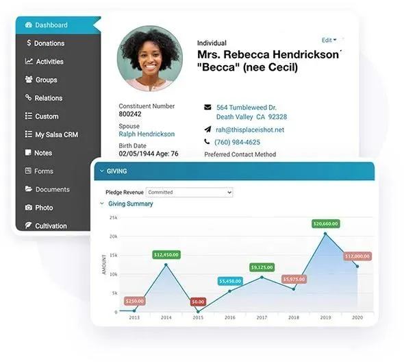 CRM para organizaciones sin ánimo de lucro: captura de pantalla del panel de Salsa CRM.