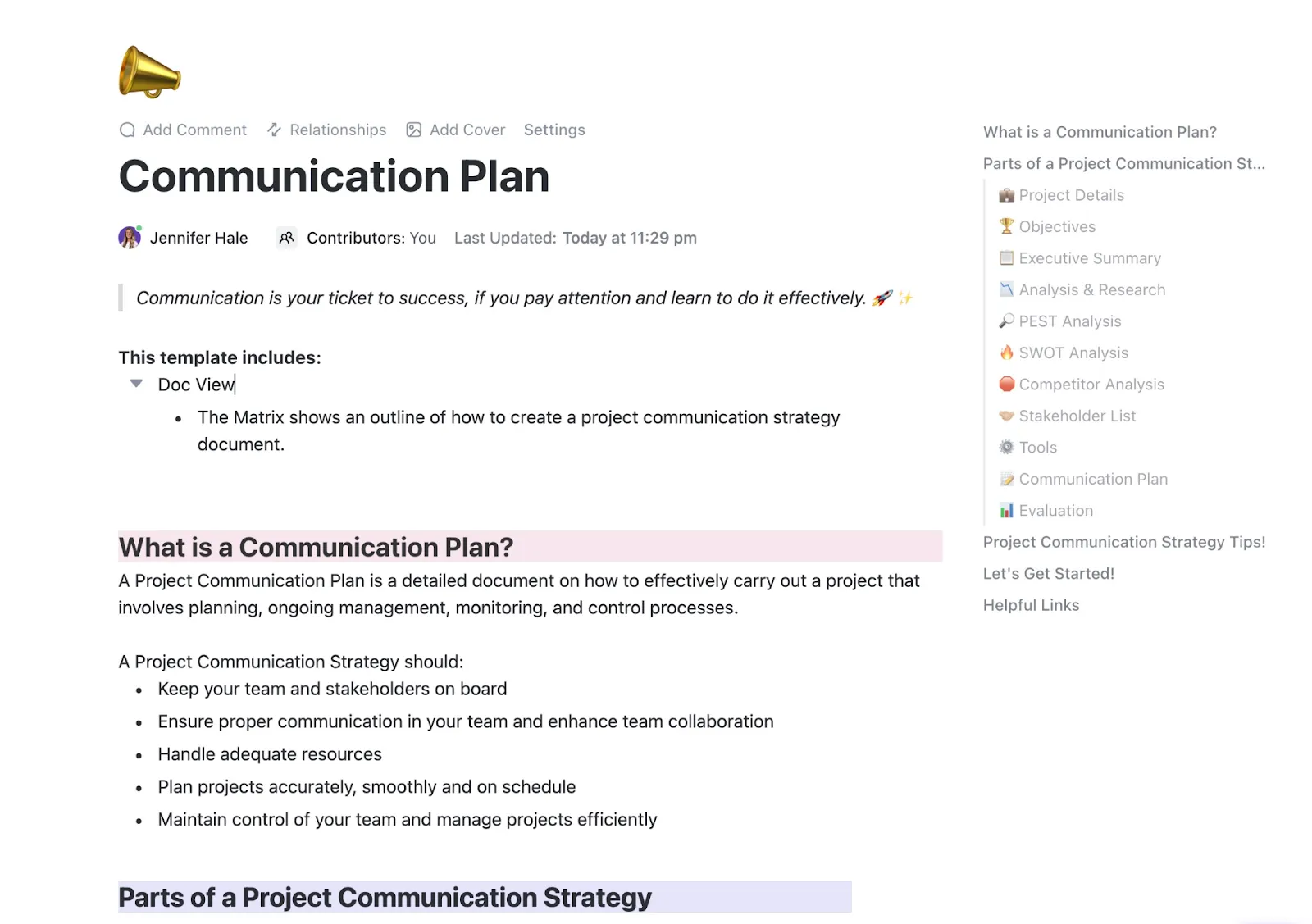 Modelo de plano de comunicação com as partes interessadas do ClickUp para planejar atualizações por público, canal e frequência