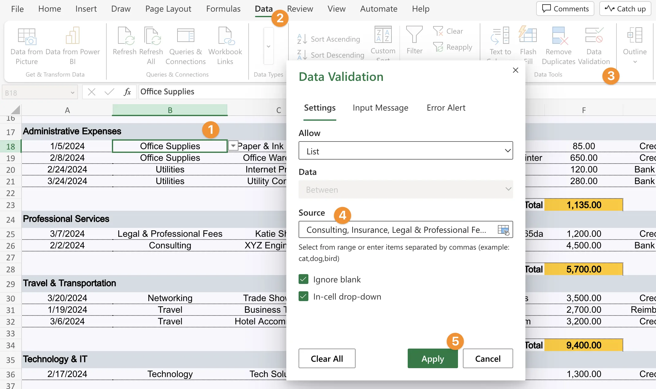 Validasi data yang diatur pada laporan pengeluaran bisnis di Excel