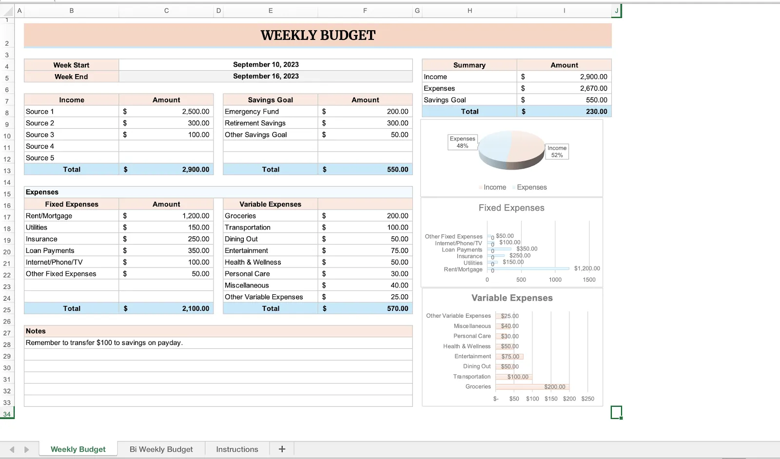 Zweiwöchentliche Excel-Vorlage für die Geldverwaltung von Template.net