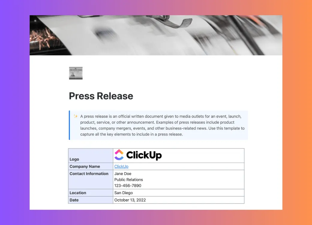 Pressemitteilung-Vorlage von ClickUp