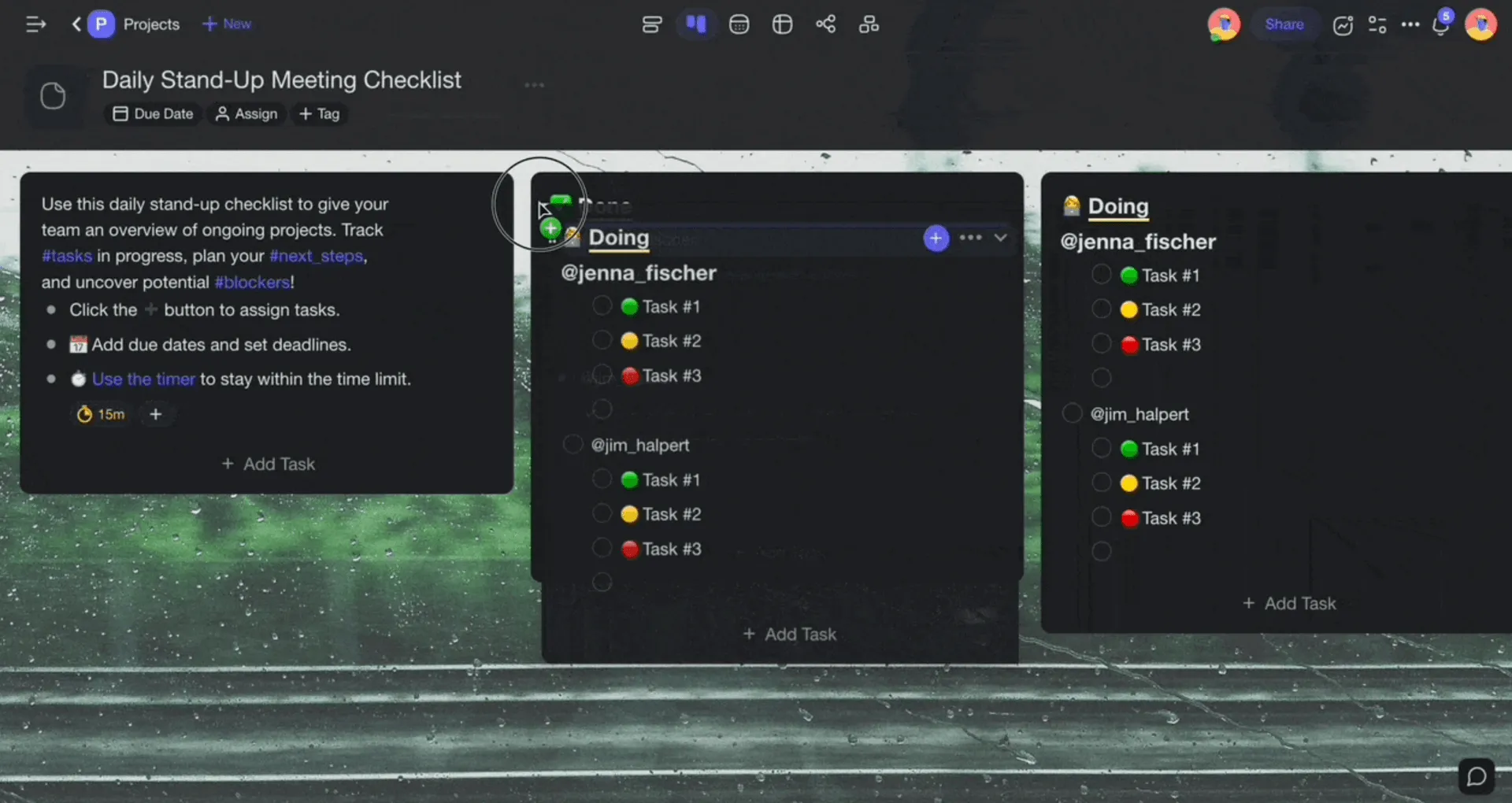 Vue du tableau Kanban sur Taskade