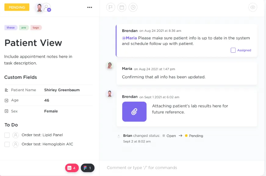 Automatizza facilmente la pianificazione degli appuntamenti, effettua il monitoraggio delle cartelle cliniche con i campi personalizzati e gestisci tutte le attività di gestione della clinica utilizzando ClickUp.