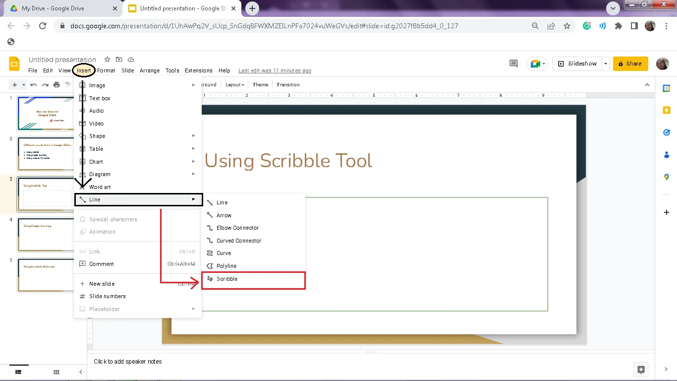 Comment dessiner dans Google Slides : trouver l'outil Scribble