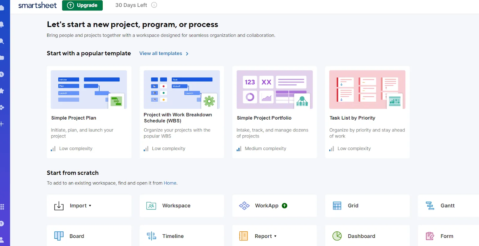 Vyberte si předem připravenou šablonu nebo začněte od nuly: Ganttův diagram Smartsheet