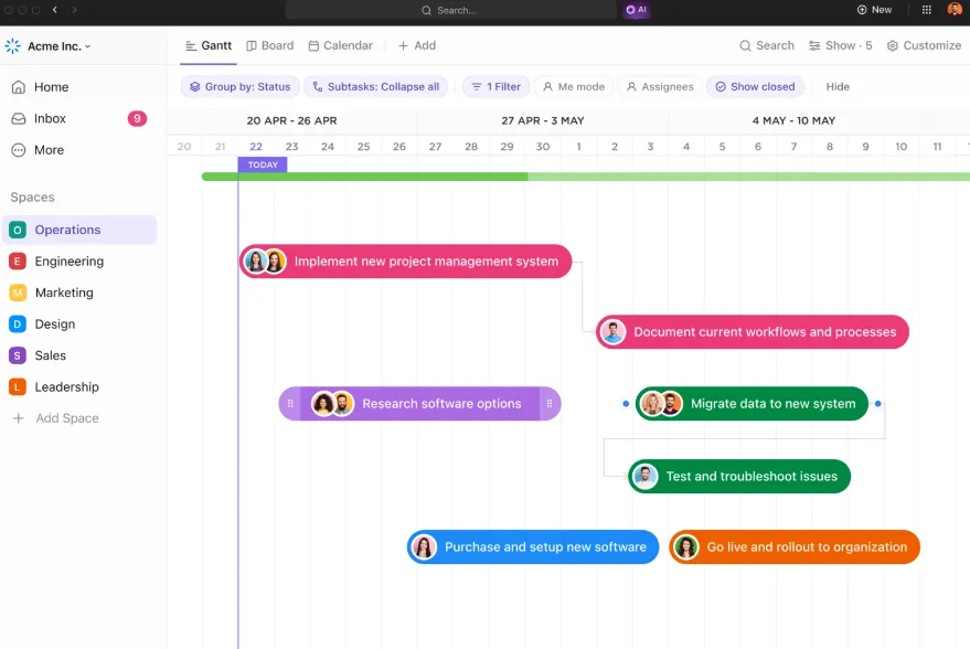 Sử dụng biểu đồ Gantt của ClickUp để xây dựng quy trình quản lý tài sản kỹ thuật số