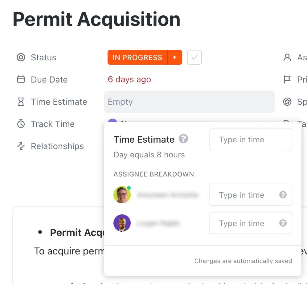 Estimations ClickUp : comparez l'effort initialement prévu avec les budgets prévus au niveau des tâches et des sprints.