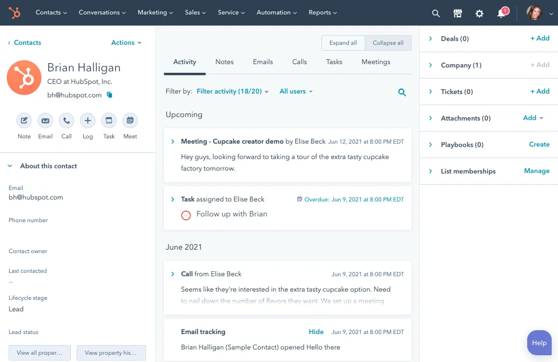 2. HubSpot (am besten geeignet für die Verwaltung von Kunden, Vertrieb und Marketing)