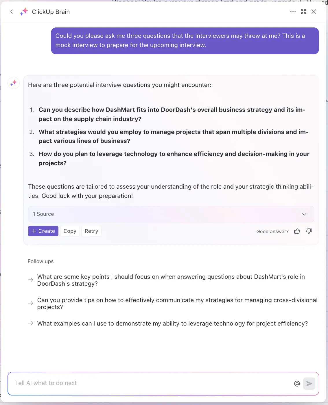 Generuj natychmiastowe i bardzo trafne pytania, odpowiedzi oraz pytania uzupełniające dzięki ClickUp Brain