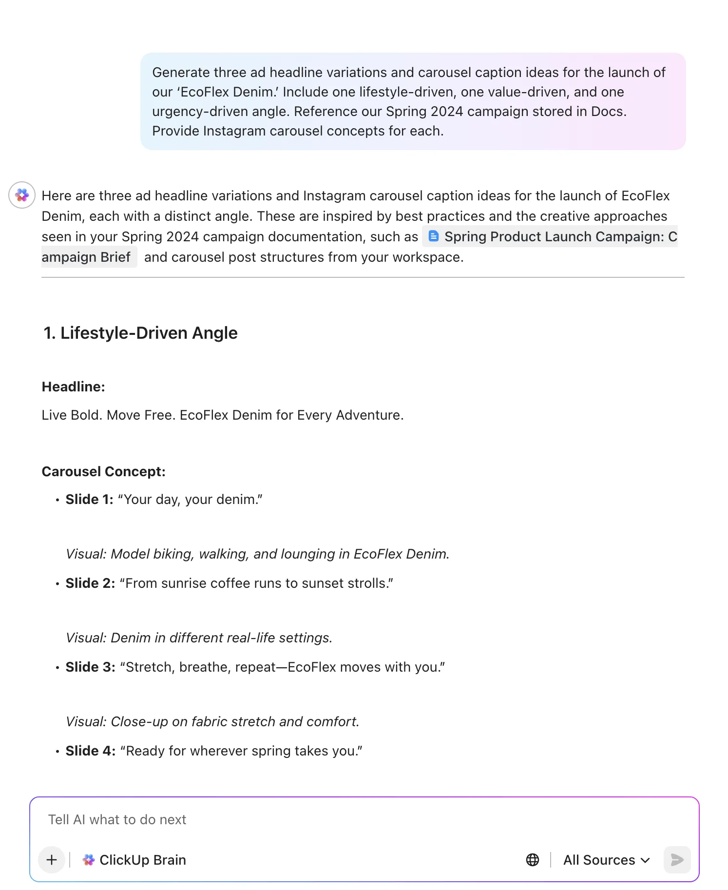 ClickUp Brain for ad creation