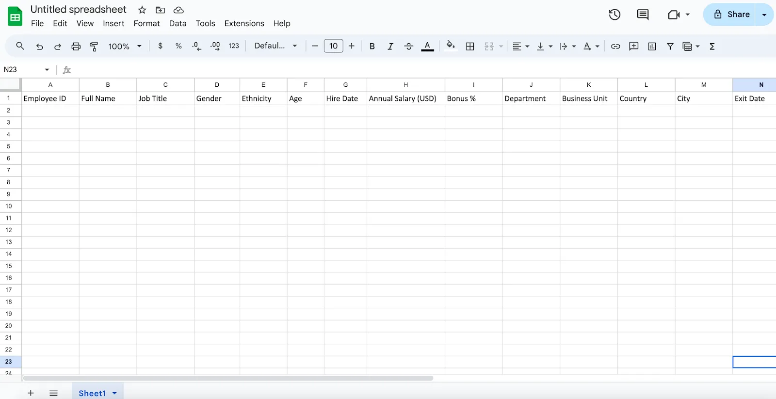 Como criar uma tabela no Google Sheets - Adicione cabeçalhos de coluna