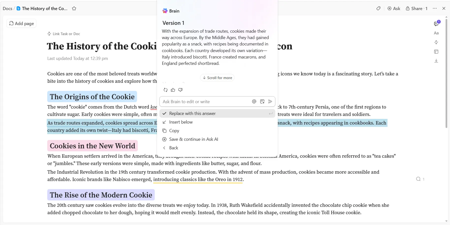 ClickUp Brain en documentos para reescribir contenido