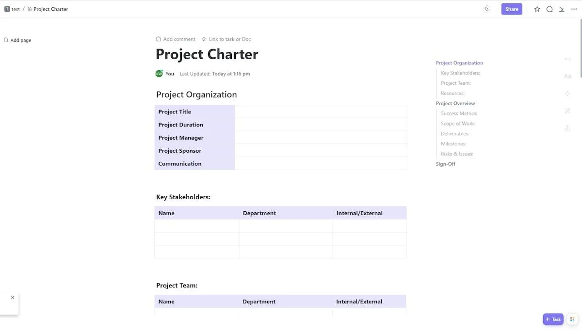 Organize seu projeto, defina métricas de sucesso e identifique possíveis problemas com o modelo de carta de projeto hiperorganizado do ClickUp.
