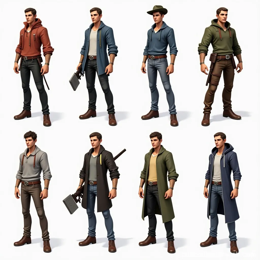 'แผ่นข้อมูลตัวละครสไตล์ RPG แบบมุมมองจากบนลงล่าง ที่แสดงภาพเคลื่อนไหวแบบติดตั้งเต็มรูปแบบ พื้นผิวที่วาดด้วยมือ และการตั้งค่าวัสดุแบบ PBR': คำสั่ง Stable Diffusion