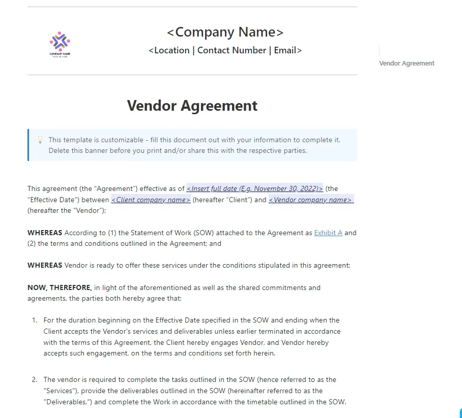 Il modello di contratto con i fornitori di ClickUp è progettato per aiutarti nel monitoraggio dei contratti e degli accordi con i fornitori.