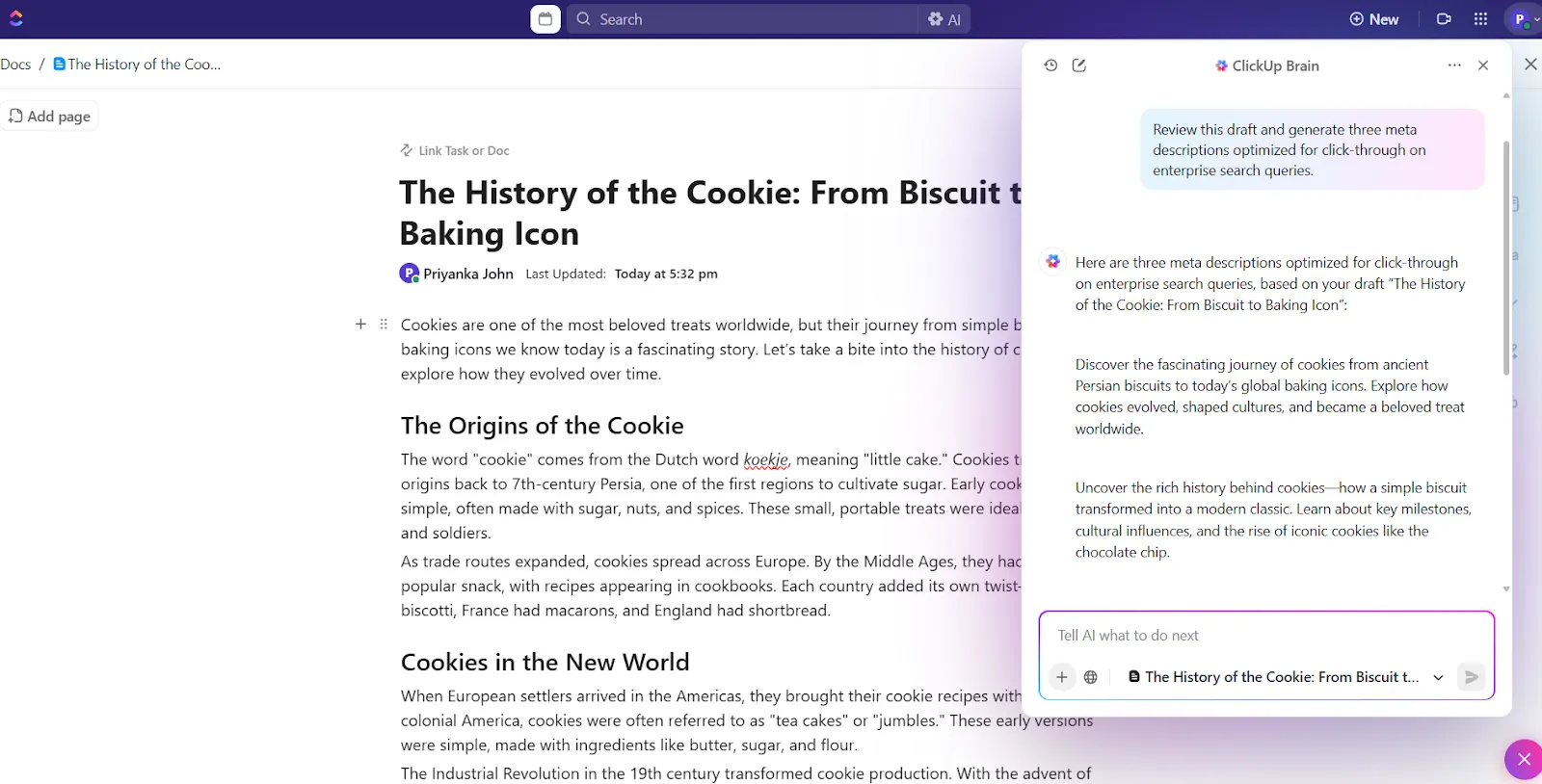 ClickUp Brain: كيف يخلق الذكاء الاصطناعي لحظات إبداعية لمديري التسويق من أجل الاحتفاظ بالمستخدمين