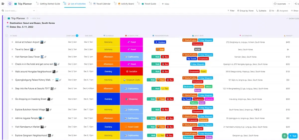 ClickUp-sjabloon voor reisplanner