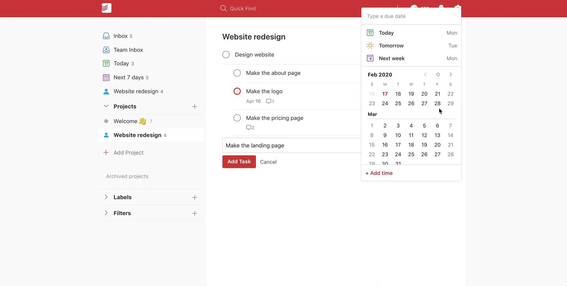 Interfaccia delle date di scadenza di Todoist