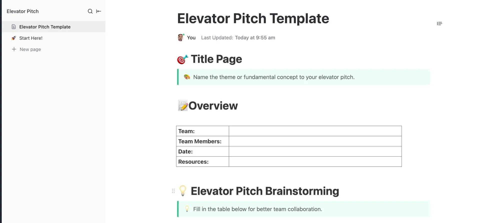 قالب ClickUp Elevator Pitch