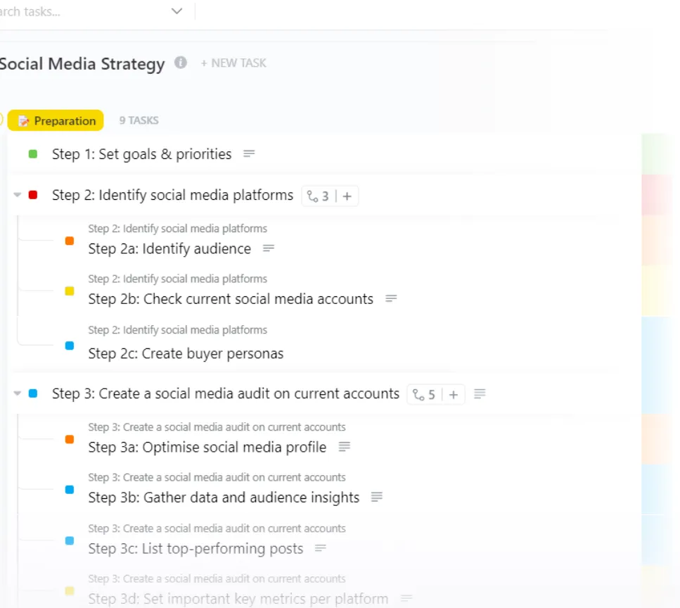 Modello di flusso di lavoro per la strategia sui social media di ClickUp
