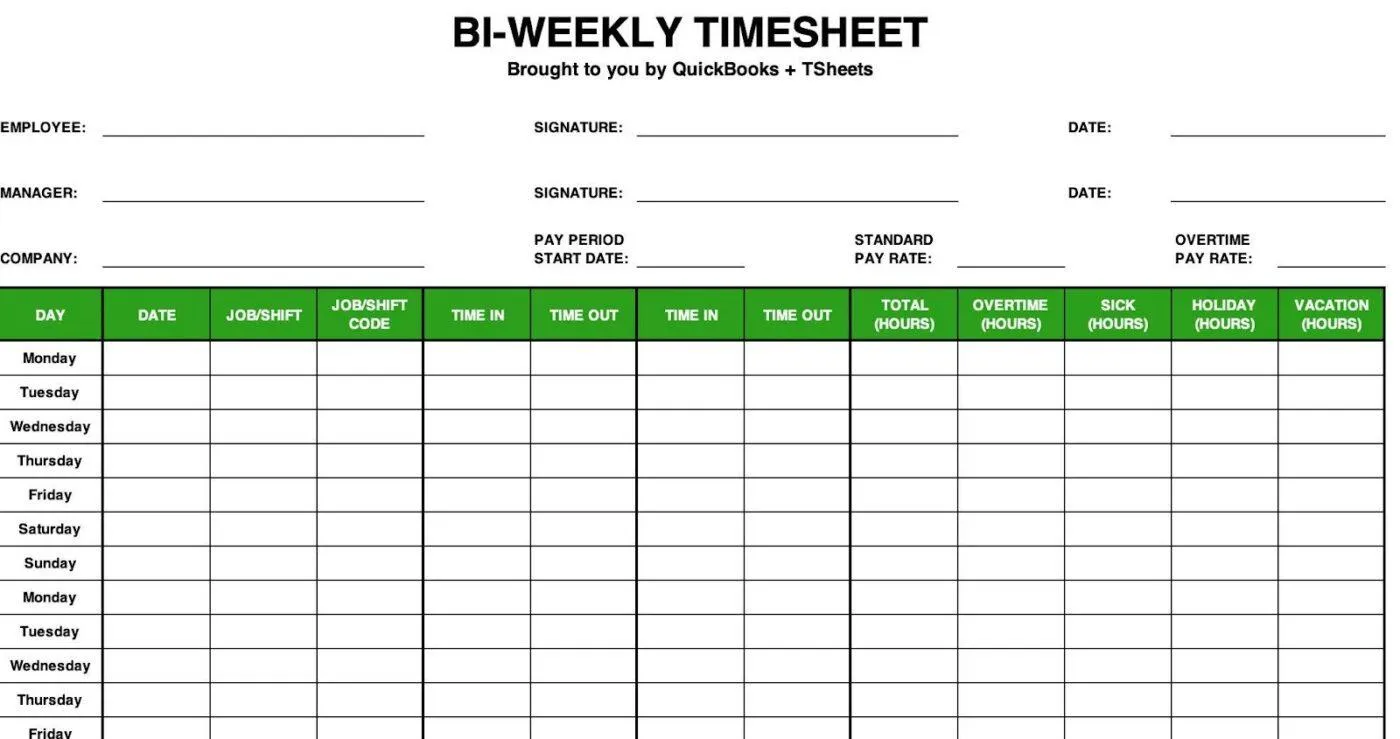 Mẫu bảng chấm công hai tuần một lần của QuickBooks