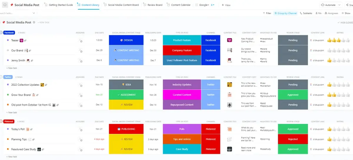 Organiza tu contenido para publicarlo en varias plataformas de redes sociales con esta plantilla de publicaciones en redes sociales de ClickUp.