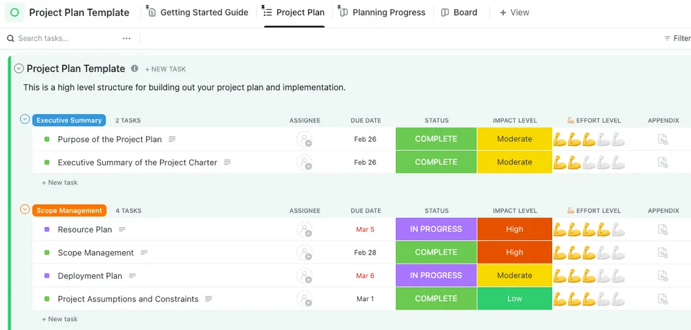 Modèle de plan de projet pour sondage ClickUp