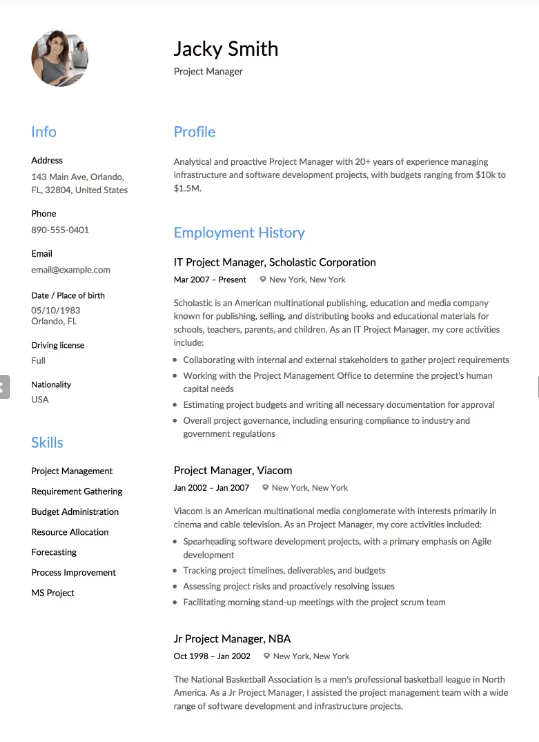 Modelo de currículo para gerente de projetos da Resume Viking