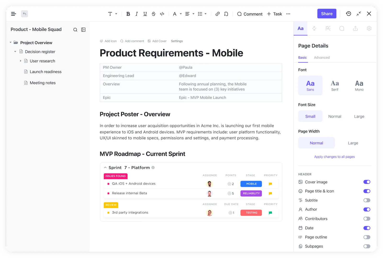 Escreva, edite e colabore com colegas de trabalho em um único documento com o ClickUp Docs