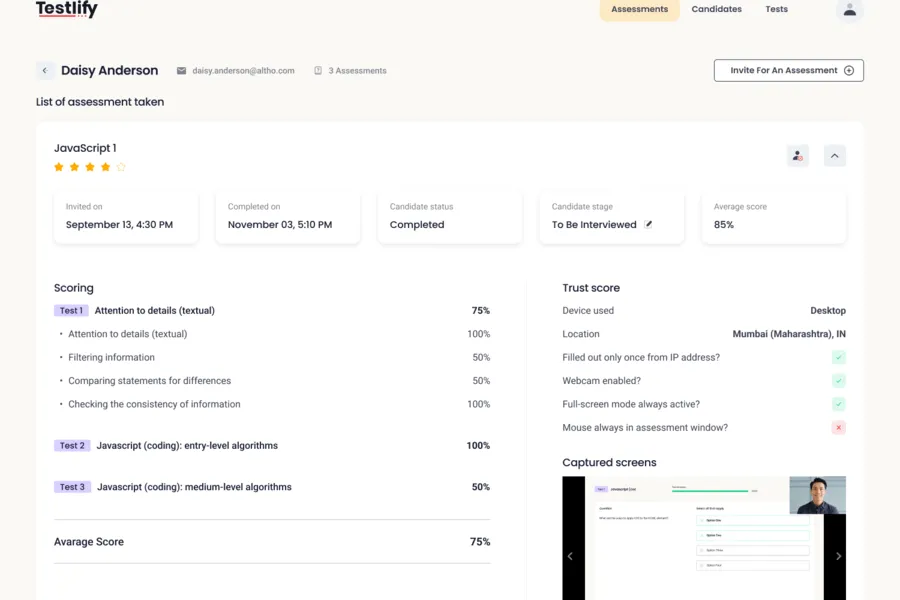 Rapporto di valutazione Testlify