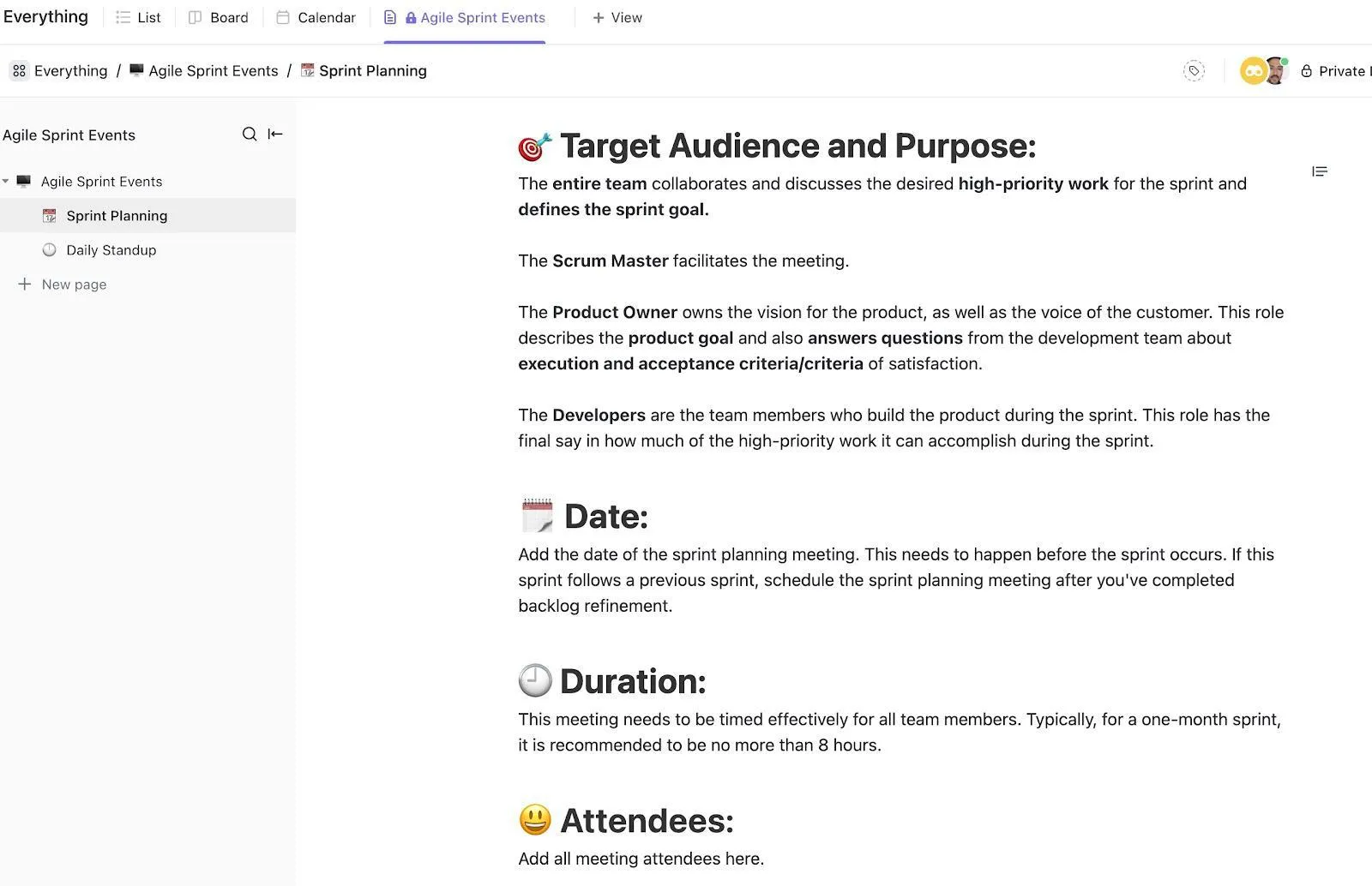 เทมเพลตกิจกรรม Sprint Agile ของ ClickUp: เทมเพลตการประชุมประจำวัน