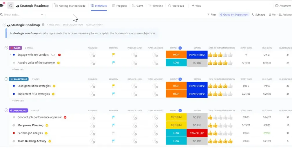 Visualiseer het strategische plan van uw team met de sjabloon voor een strategische routekaart van ClickUp