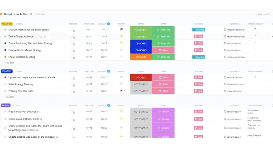 O modelo de plano de lançamento de marca da ClickUp foi projetado para ajudá-lo a planejar, organizar e acompanhar o progresso do lançamento de uma marca.
