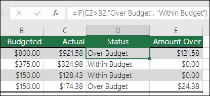 A fórmula do Excel na célula D2 é =IF(C2>B2,”Acima do orçamento”,”Dentro do orçamento”)