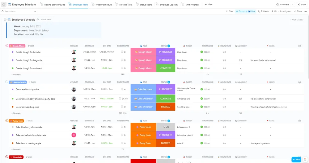 Plantilla de horarios de los empleados de ClickUp