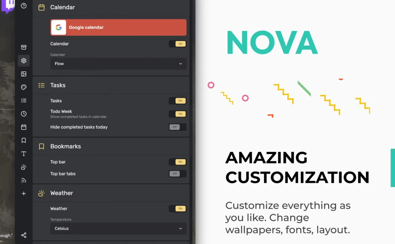Panel para personalizar tus pestañas y mostrar Google Calendar a través de Nova New Tab.