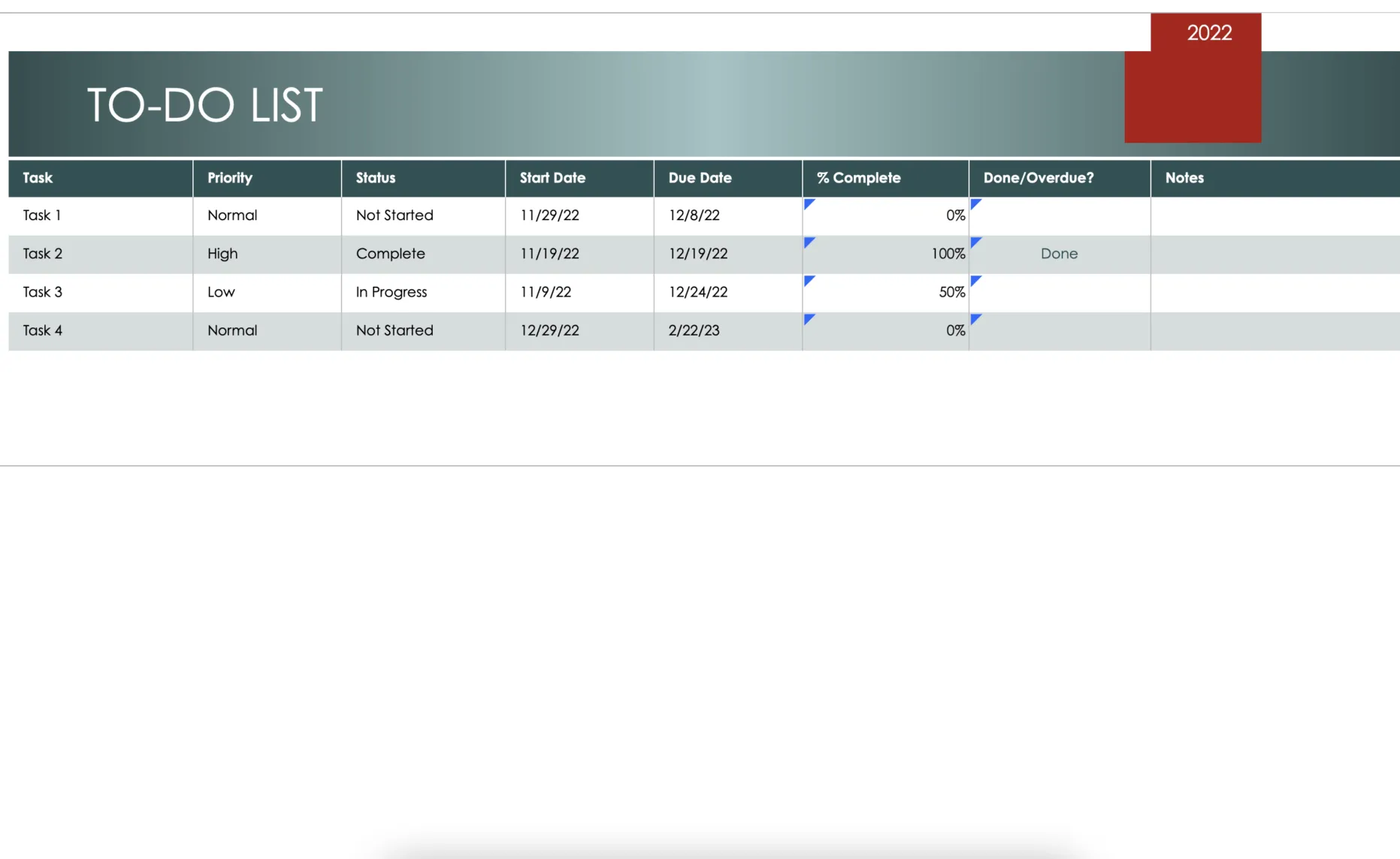 Mẫu danh sách việc cần làm đơn giản trong Excel