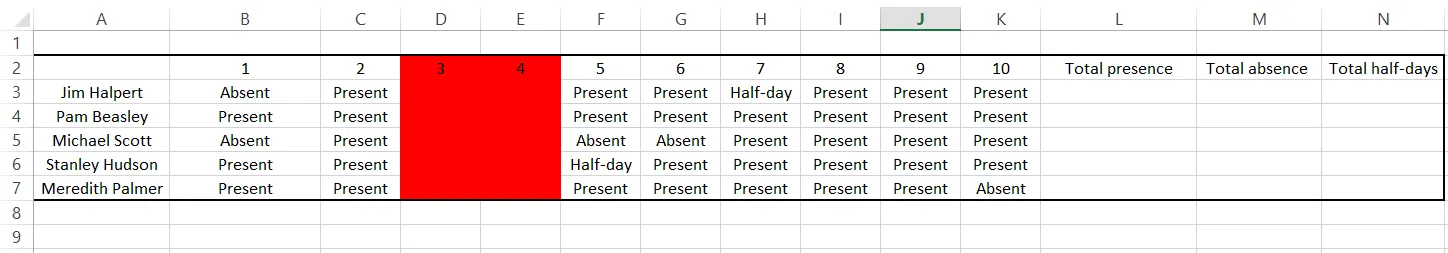 Creazione di un foglio presenze in Excel: Passaggio 4