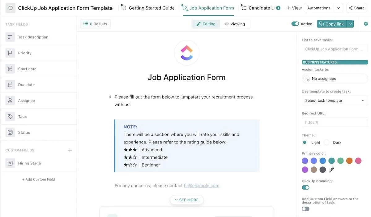 Modelo de formulário de candidatura a emprego ClickUp