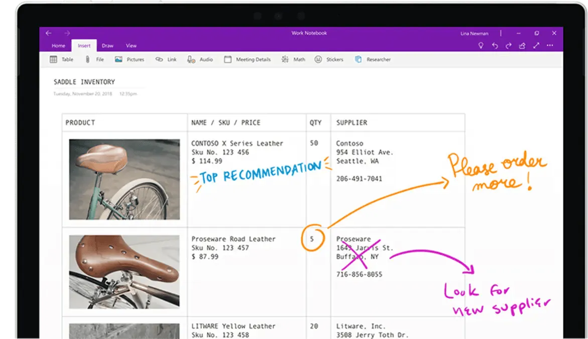 Esempio di funzionalità per note scritte a mano di OneNote