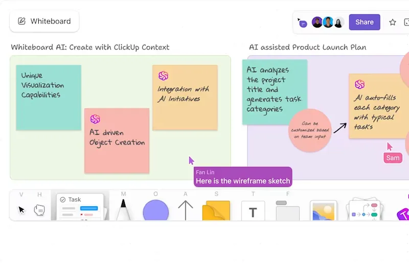 ClickUp Pizarras: el mejor software para la lluvia de ideas.