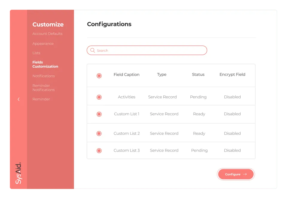 Esempio di interfaccia utente di configurazione SysAid