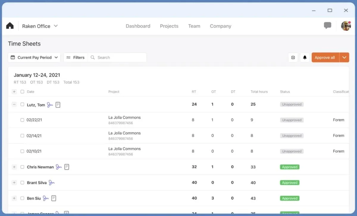 Software per il monitoraggio del tempo di costruzione: Raken's Time Sheets