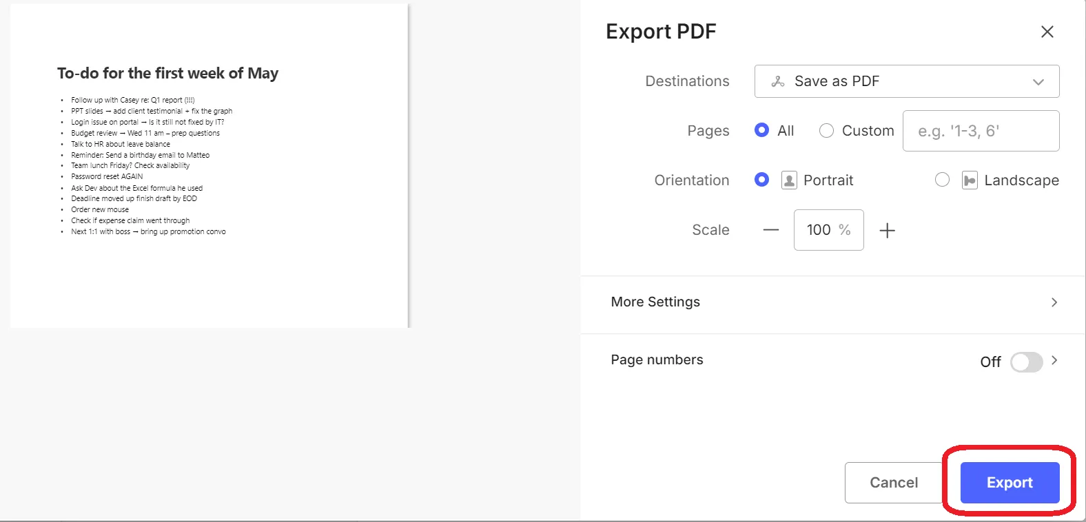 Boîte de dialogue Evernote Exporter au format PDF