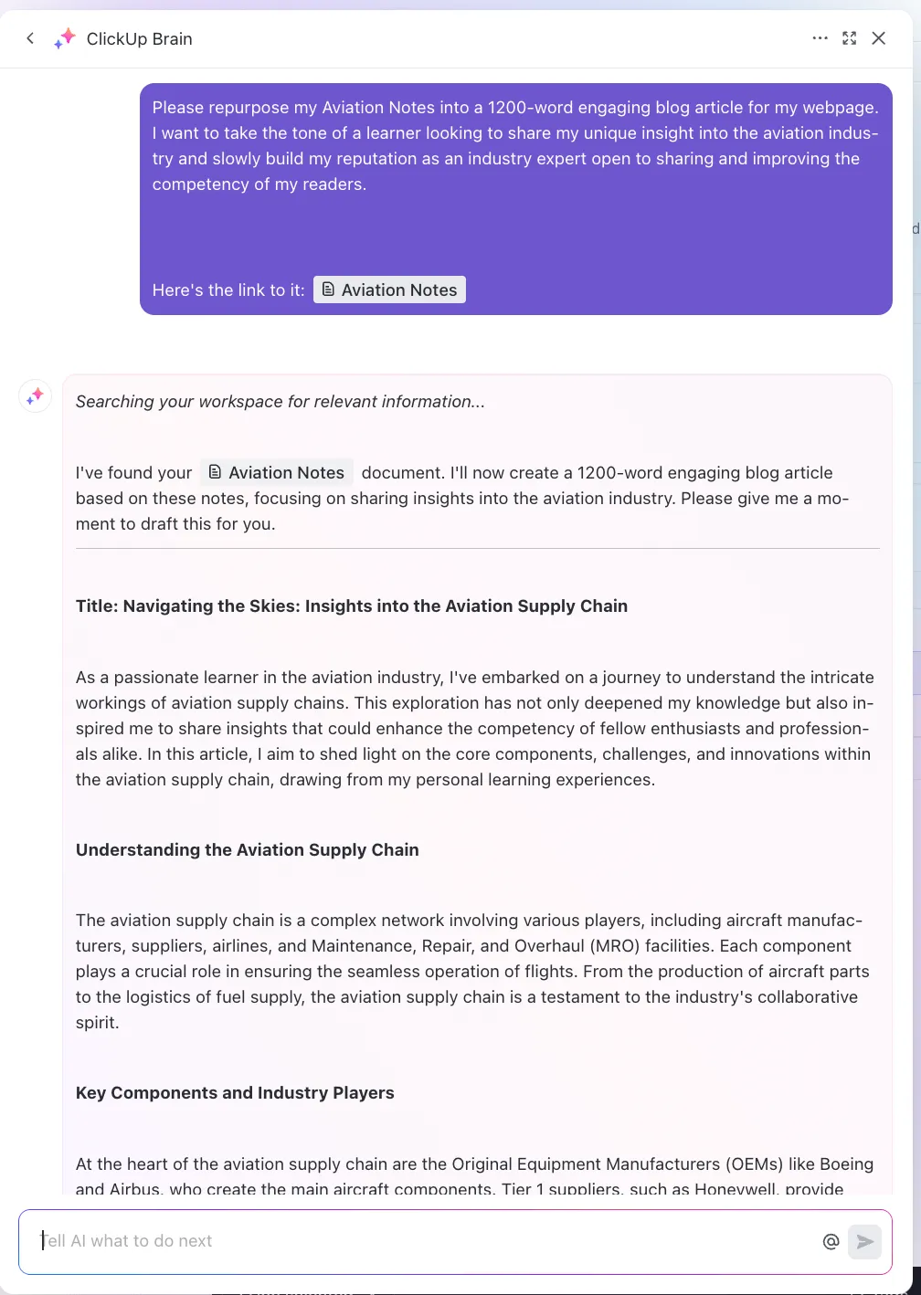 IA pour la prise de notes : réutilisez vos notes dans des articles de blog, des scripts vidéo et même des présentations grâce à l'espace de travail infini de ClickUp Brain.