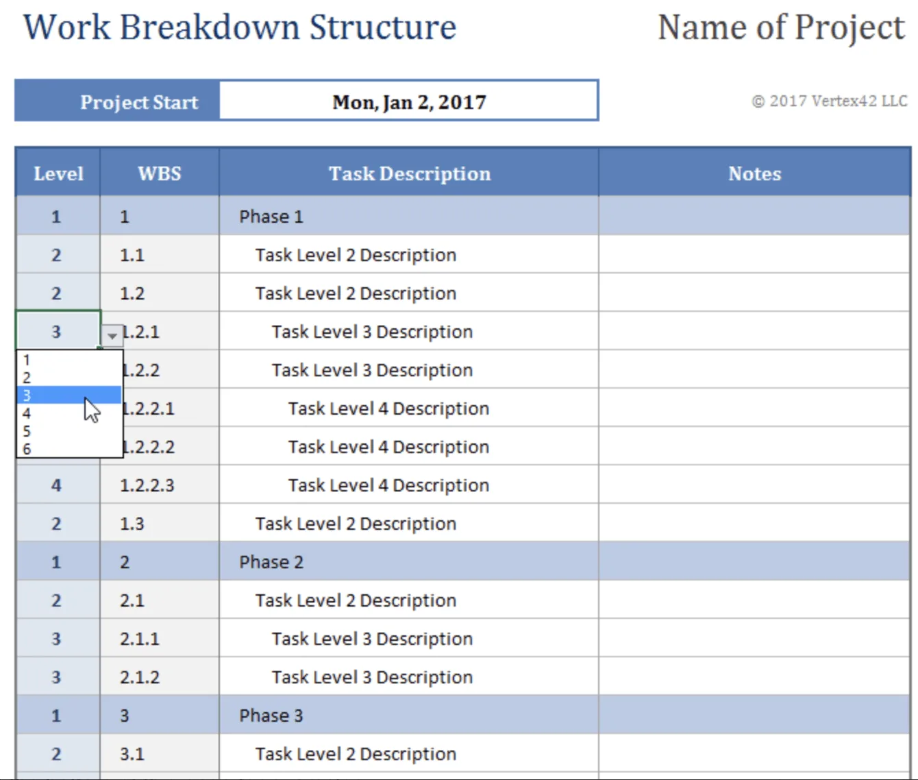 Modèle de structure de répartition du travail Excel par Vertex42
