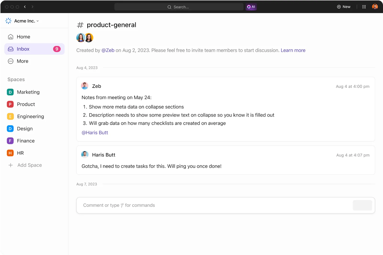 Equipes remotas podem usar a Visualização de Chat do ClickUp para se comunicar durante o jogo por meio de mensagens instantâneas