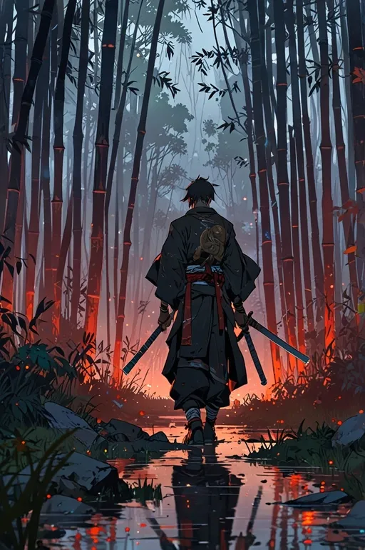 Um samurai solitário caminhando por uma floresta de bambu