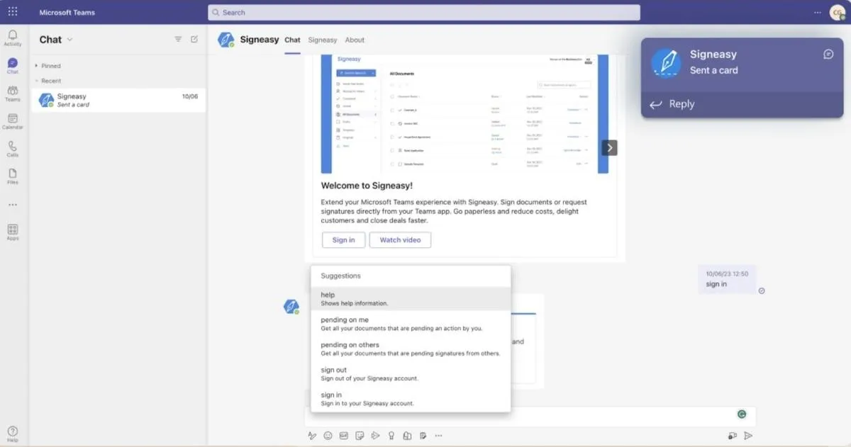 El chat de Signeasy integrado en Microsoft Teams