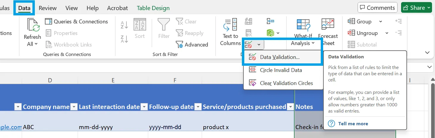 Datenüberprüfung in Excel